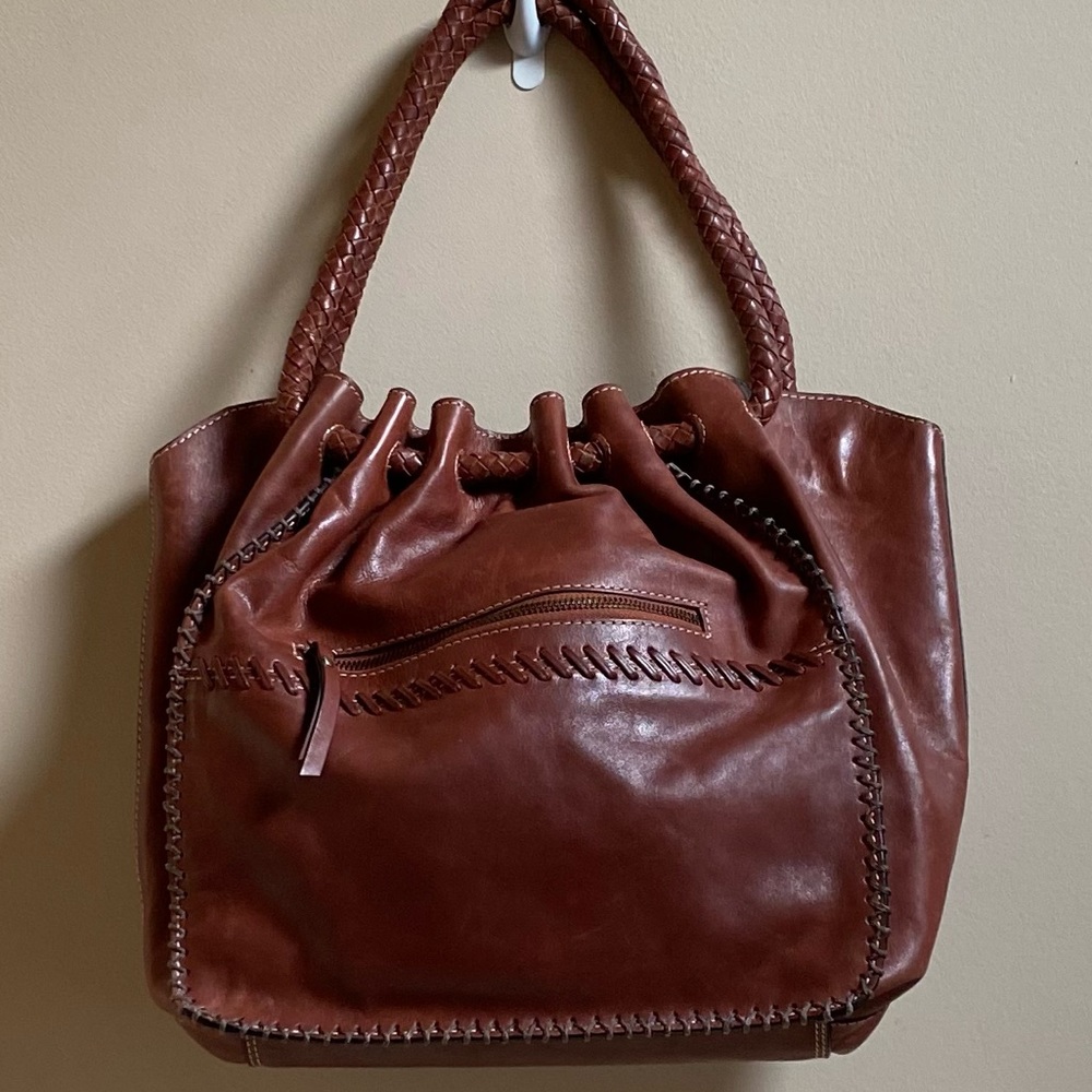 FIRENZE BELLA LEATHER/STITCH DETAIL LARGE BAG/BROWN/EUC